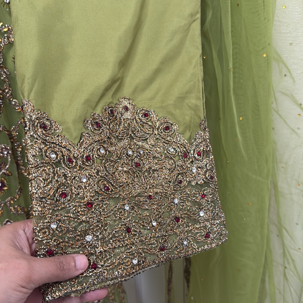 Embellished Long Sleeve Women's Dress in Lime Green shilwar - Picture 4 of 6